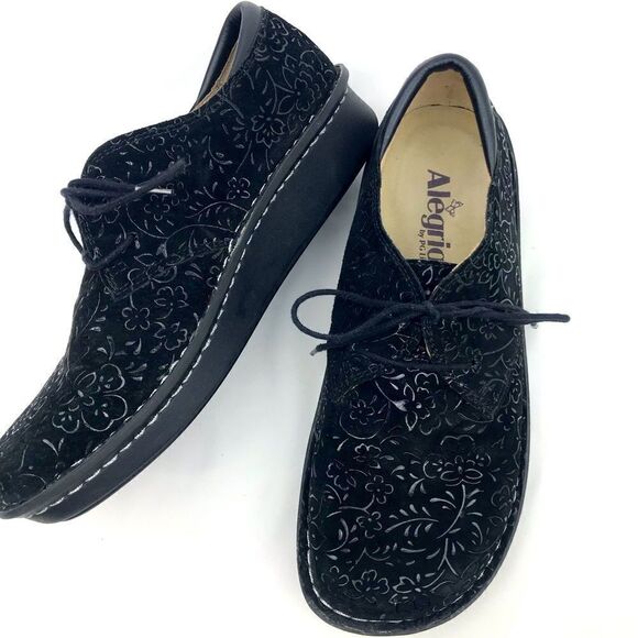 Alegria Bree Black Leather Floral Tooled Lace Up Sprigs Support Oxford Shoes - Picture 6 of 16